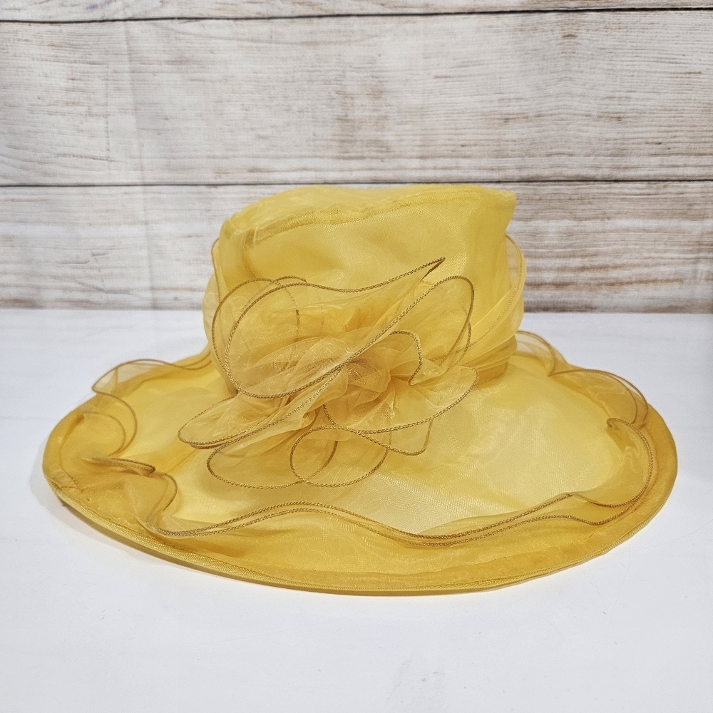 Yellow Organza Wide-Brim Women's Dress Hat - Picture 4 of 9